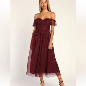 Lulus Regal Radiance Burgundy Tulle Bustier Midi Dress Size Small